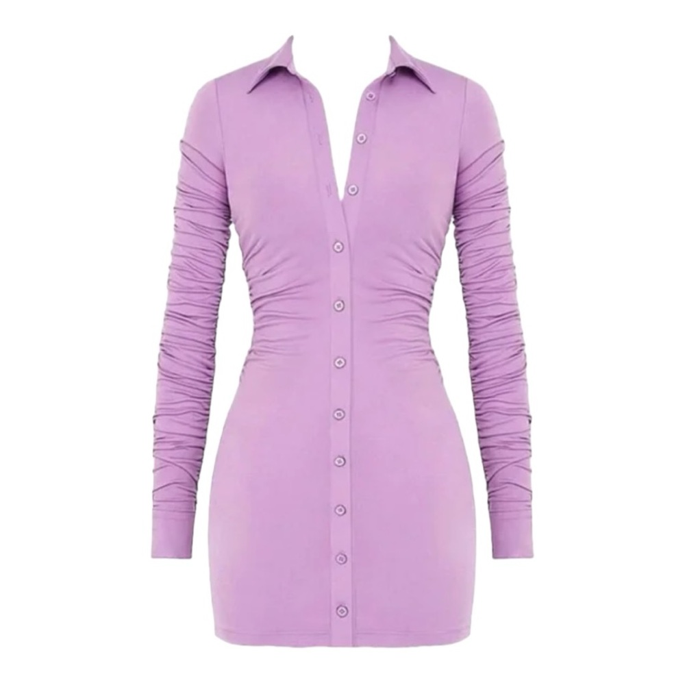 House of CB Martinique Button Front Jersey Knit Mini Shirt Dress - Purple -Small - Picture 4 of 8